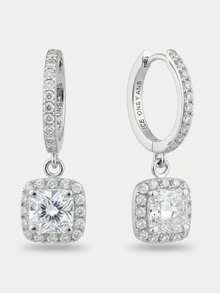 1 Pair 925 Sterling Silver Princess Cut Cubic Zirconia Hoop Earrings For Women, Luxury Elegant Wedding & Engagement Jewelry, Anniversary Gift For Her - Bạc - Xem 8