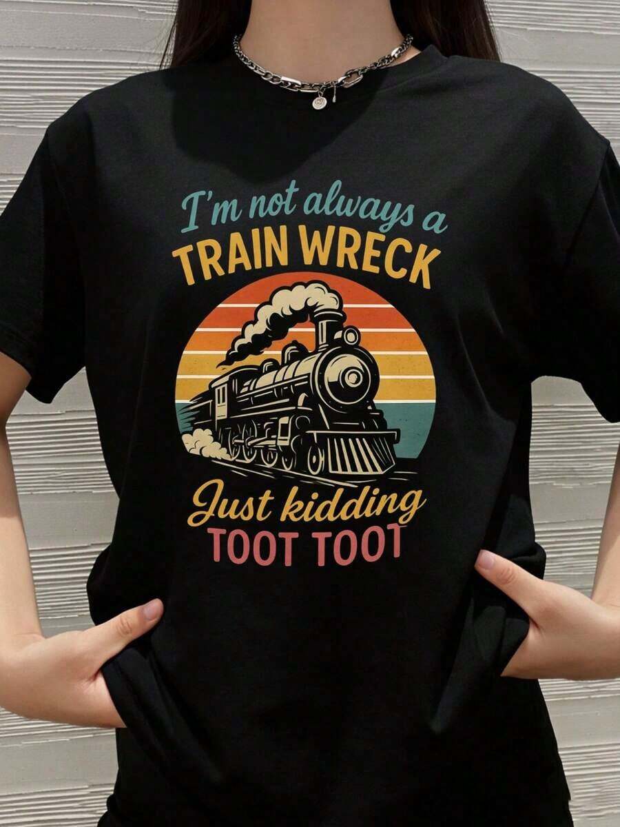 No siempre soy un desastre, es broma, ¡toot toot! Camiseta vintage con gráfico de tren para mujeres, hombres, unisex, divertida, informal, regalo para amantes de los trenes, entusiastas del ferrocarril, regalo de cumpleaños o vacaciones. - Negro - Ver 1