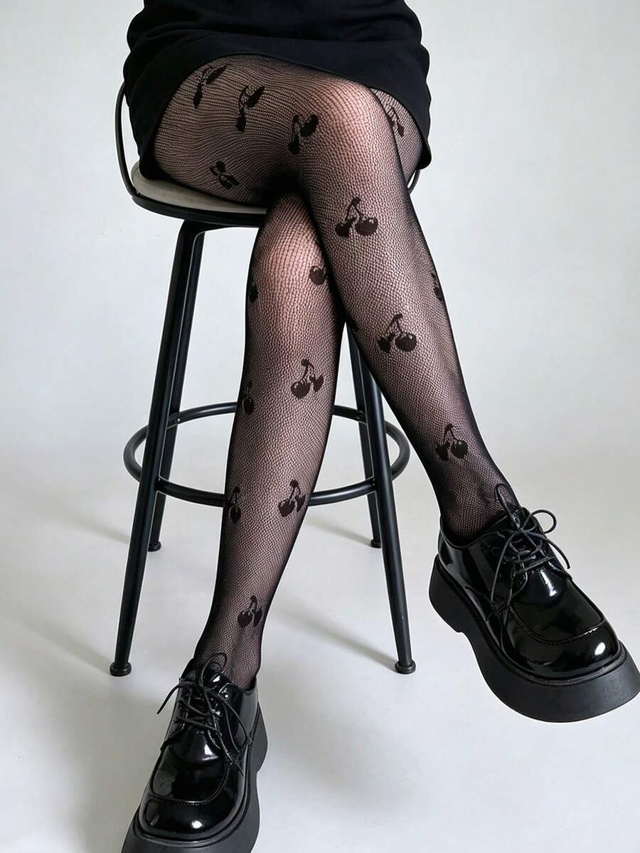 1件女款白色櫻桃印花魚網褲襪,性感蘿莉塔透視網眼褲襪,高彈性防勾絲絲襪,甜美風格適合日常穿著、約會、派對、Cosplay,可搭配短裙與靴子,耐穿適用於辦公室與戶外穿著 - 彩色 - 查看 1