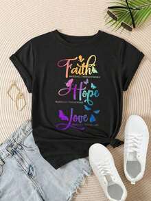 Camiseta Casual de Mujer con Diseño de Mariposas, Colores del Arcoíris, Impresión Moderna, Adecuada para Todas las Temporadas  
 Negro - Negro - Ver 3