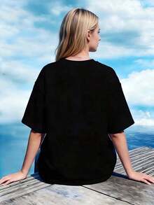 Camiseta Casual con Estampado de Mariposas, Flores y Arcoíris, Cuello Redondo y Manga Corta para Mujer, Top Gráfico de Moda - Negro - Ver 5