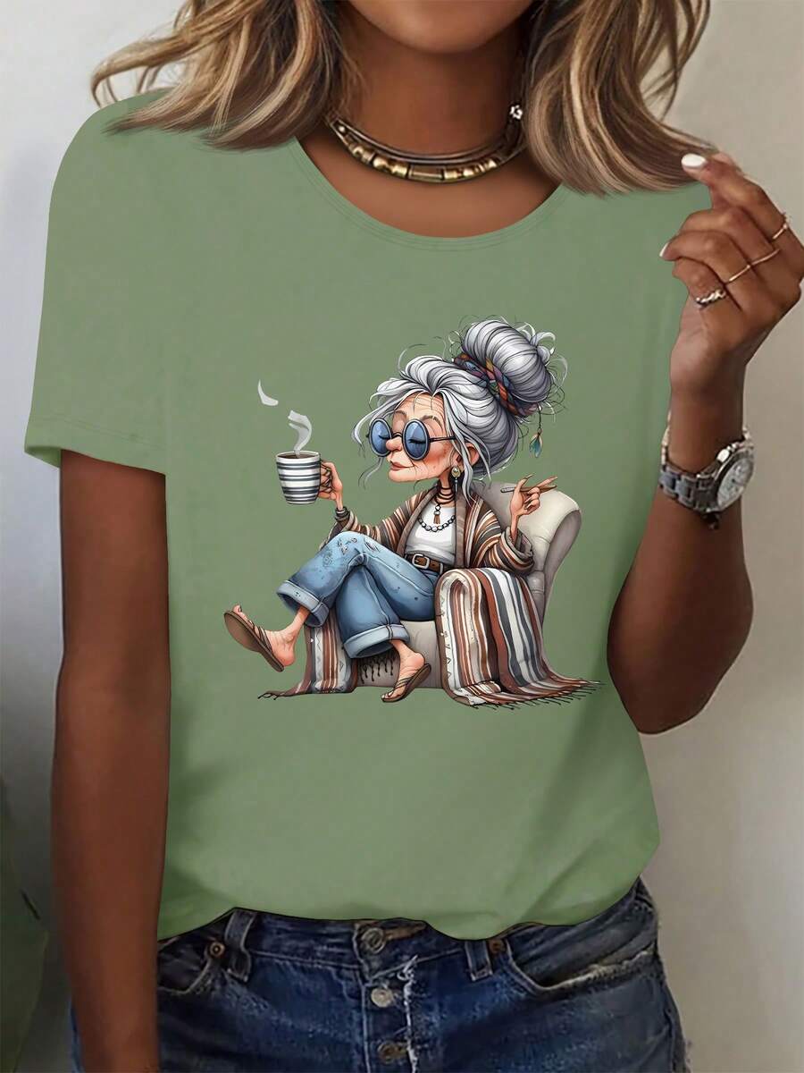 Women's Short-Sleeved Top With A Round Neck In Pure Cotton, Modern Printed Design, Cool And Breathable Fabric, Versatile Garment For Casual Looks, Everyday Occasions And Social Gatherings All Year Round - 綠色 - 查看 1