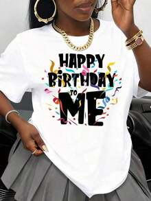1 pieza Camiseta "Feliz Cumpleaños a Mí" para Mujer, Regalo de Celebración de Cumpleaños, Ropa de Fiesta, Camiseta Gráfica Divertida, Top Casual Unisex, Color Blanco, Diseño Festivo para la Temporada de Cumpleaños, 180g Algodón 100%. - Blanco - Ver 1