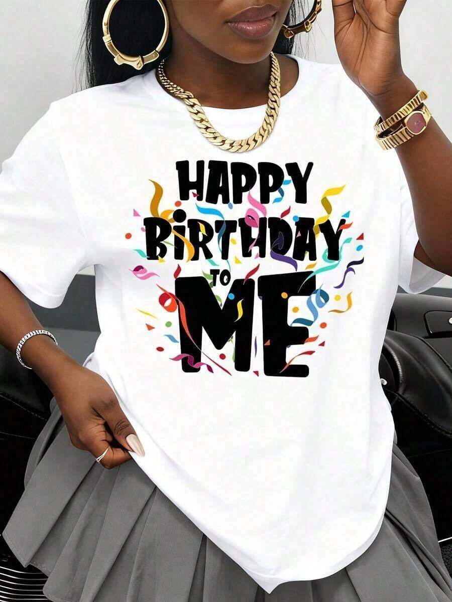 1 pieza Camiseta "Feliz Cumpleaños a Mí" para Mujer, Regalo de Celebración de Cumpleaños, Ropa de Fiesta, Camiseta Gráfica Divertida, Top Casual Unisex, Color Blanco, Diseño Festivo para la Temporada de Cumpleaños, 180g Algodón 100%. - Blanco - Ver 1
