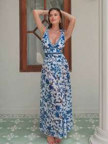 Swim Oasis Traje de baño de una pieza con cuello en V, estampado floral azul, diseño halter y espalda descubierta, con falda transparente.Atuendo de playa de verano de alta gama para mujer - Azul y blanco - Ver 6