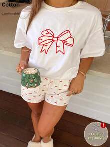 Women's Oversized T-Shirt With Cherry Print, Round Neck, Short Sleeve, Casual Design - 黑色 - 查看 9