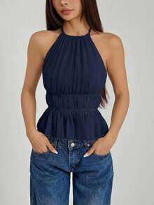 Top de tirantes sin espalda con cuello de halter y cintura anudada plisada para mujer - Azul marino - Ver 4