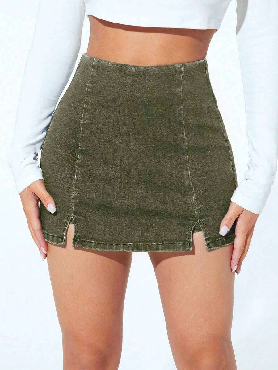 Falda pantalón de mezclilla con abertura y ajuste ceñido para uso diario y casual, verano - Verde militar - Ver 1