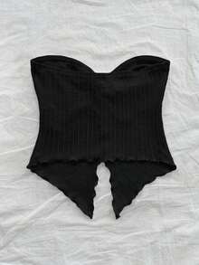 Nuevo estilo de top tubo de punto estampado rosa con dobladillo retorcido asimétrico y espalda descubierta para playa, resort, festival de música y verano bohemio para mujeres - Negro - Ver 2