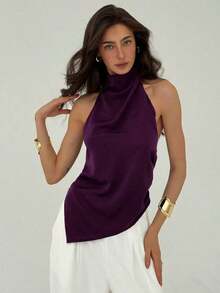 Blusa de mujer de unicolor con cuello halter, pliegues y bajo asimétrico - Morado - Ver 9