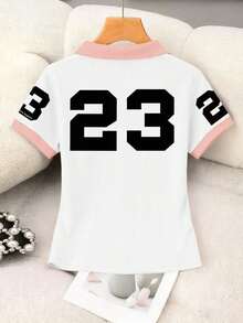 Blusa casual de mujer con cuello polo a rayas y manga corta - Blanco 3 - Ver 2