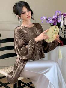 Blusa de gasa marrón con bajo asimétrico, camisa casual y elegante con cuello con volantes y manga larga, adecuada para citas, bodas y vacaciones - Marrón - Ver 4