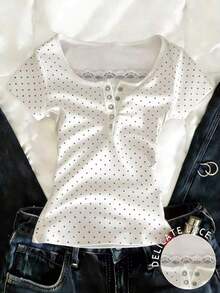 Camiseta de manga corta con cremallera frontal de 2 vías y adorno de encaje para mujer - Multicolor 12 - Ver 1
