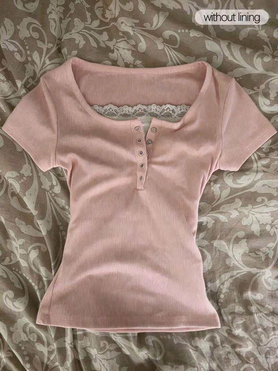 Camiseta de manga corta con cremallera frontal de 2 vías y adorno de encaje para mujer - Multicolor 14 - Ver 1