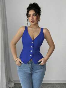 Camiseta sin mangas de un solo pecho de unicolor casual para mujer - azul real - Ver 5