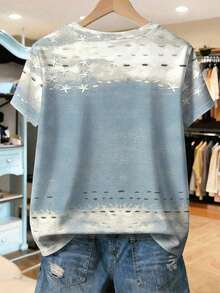 Camiseta de mujer con cuello redondo y manga corta con estampado floral sintético, cómoda para uso casual diario - Niebla azul 2 - Ver 2