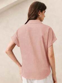 Nueva llegada Camisa casual de manga corta con botones delanteros de unicolor, adecuada para uso diario, primavera/verano - Rosa vieja - Ver 6