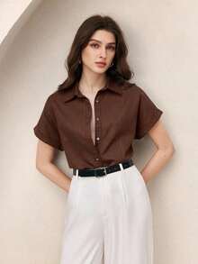 Nueva llegada Camisa casual de manga corta con botones delanteros de unicolor, adecuada para uso diario, primavera/verano - Café integral - Ver 7