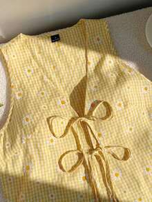 Camisa casual de mujer con nudo delantero y estampado de cerezas para vacaciones - Amarillo - Ver 4