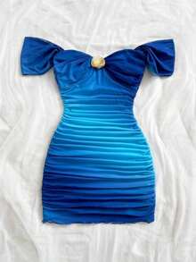 Vestido mini ajustado de punto con escote de hombros descubiertos, para vacaciones - Azul - Ver 6