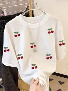 Camiseta de mujer de moda casual con cuello redondo y hombros caídos, camiseta con bordado de cereza, camiseta con bordado de toalla de cereza, camiseta casual y cómoda para exteriores, camiseta para todas las estaciones, camiseta con estampado de frutas - Blanco 3 - Ver 3