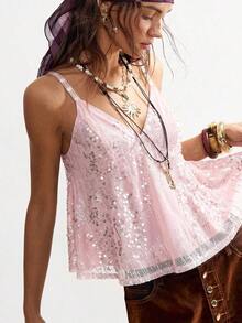 Camiseta de tirantes finos sin mangas de verano con lentejuelas de moda casual para mujeres - Rosa - Ver 6