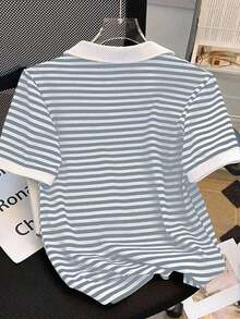 Camiseta de manga corta con cuello de polo a rayas casual de verano para mujer - Multicolor 4 - Ver 2