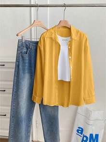 Camisa casual de manga larga, de un solo pecho, de unicolor y holgada para mujer - Amarillo - Ver 7