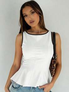 1 pieza Blusa de punto con volantes en el bajo, Uso casual de verano en color rosa - Blanco y Negro - Ver 1