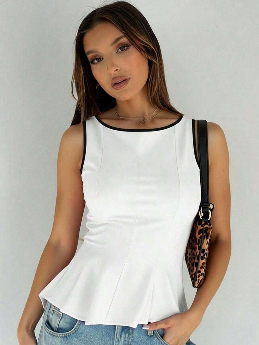 1 pieza Blusa de punto con volantes en el bajo, Uso casual de verano en color rosa - Blanco y Negro - Ver 1