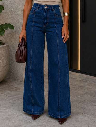 Calça Wide Leg Lavagem Escura Jeans Feminina Premium Cós Alto Modeladora Boca Larga Fashion Chique