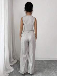 Unity Conjunto de top sin mangas con botones frontales a rayas y pantalones largos para mujer - Caqui - Ver 2