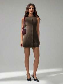 Tall Vestido mini elegante de unicolor con cuello redondo y sin mangas para mujer - Marrón - Ver 3
