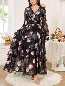 Reflora Nuevo vestido largo de mujer de talla grande con estampado floral, volantes en el bajo, cintura ceñida y alta elasticidad, vestido de otoño, vestido con volantes, vestido floral - Multicolor - Ver 6