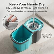 Spin Mop And Bucket System With [2] Microfiber Replacement Heads, Self-Wringing Floor Cleaning Mop For Home & Kitchen, Heavy Duty Stainless Steel Handle (Teal/Grey) - A - Xem 2