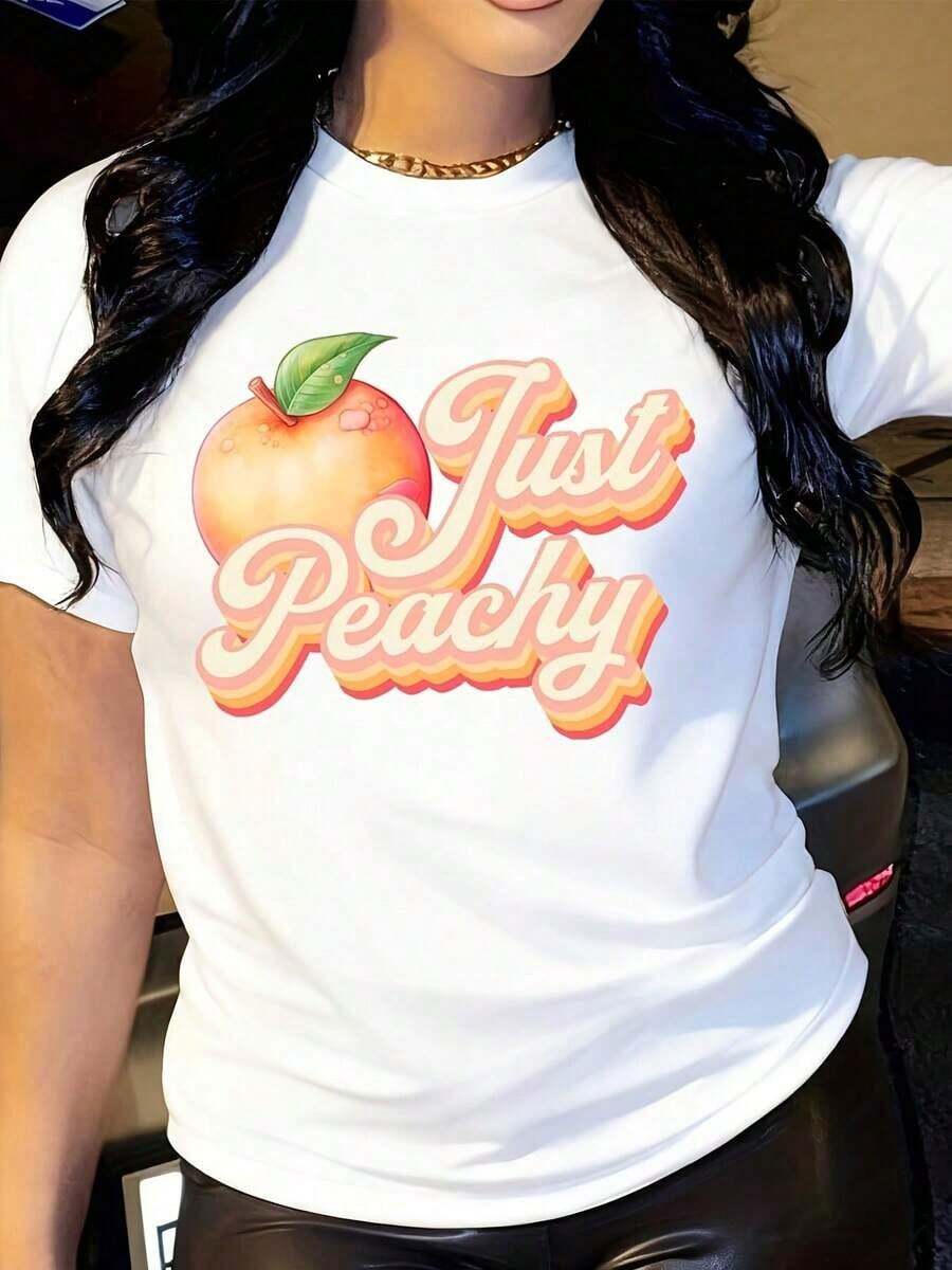 Camiseta Casual para Mujer, Diseño con Estampado de Fruta "Just Peachy", Logotipo "Just Peachy" con Fruta Naranja y Hoja Verde, 100% Algodón, Resistente - Blanco - Ver 1