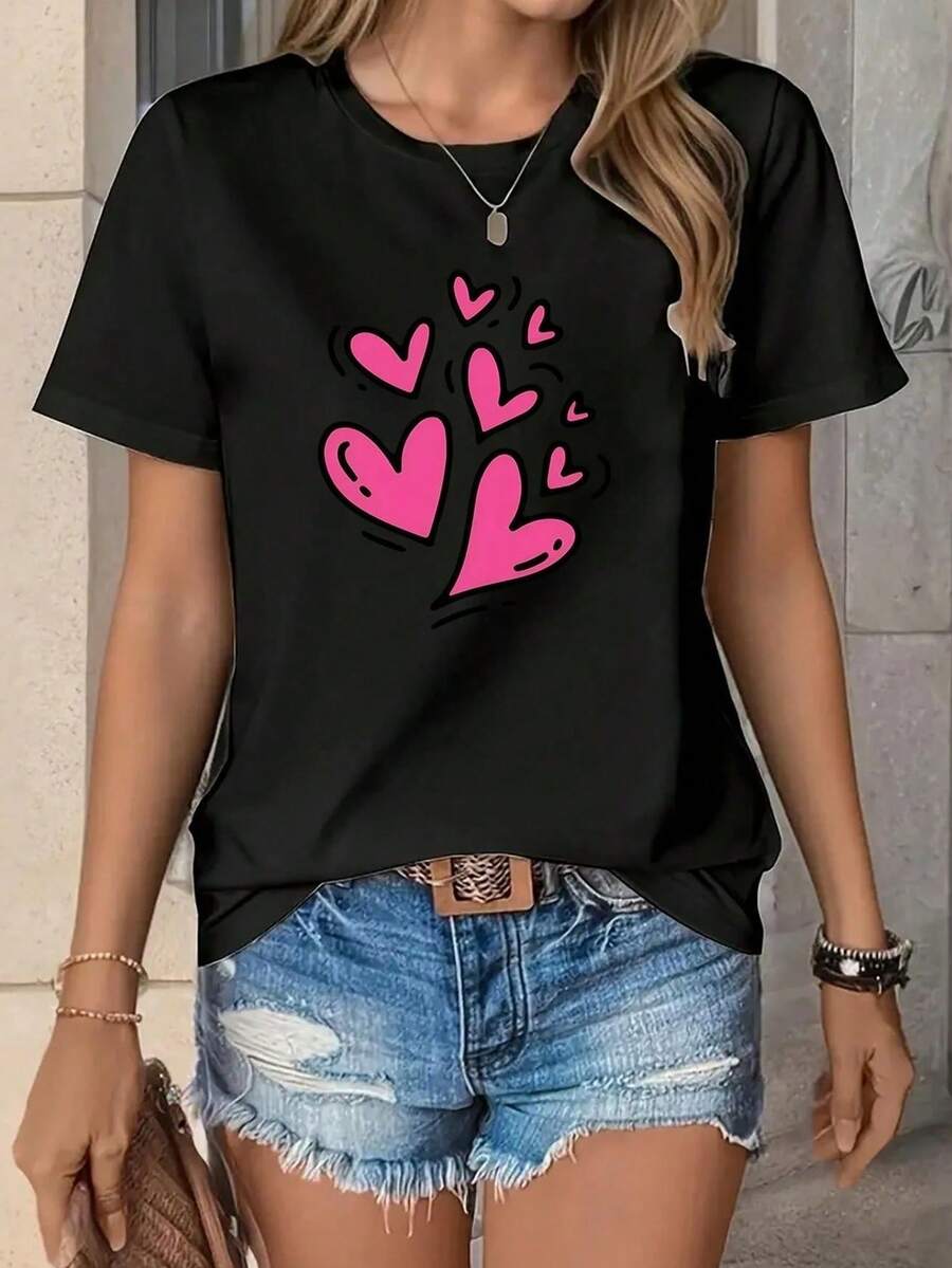 Camiseta de manga corta con estampado de corazones rosas para mujer, camiseta casual de cuello redondo con múltiples corazones degradados, básica versátil para uso diario - Negro - Ver 1