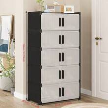 1 pieza Gabinete para zapatos de gran capacidad con doble puerta en color negro, marco de aleación galvanizada y panel transparente de PP, estante de almacenamiento de zapatos a prueba de polvo, estante apilable para zapatos adecuado para pasillo, armario y sala de estar - Negro - Ver 4