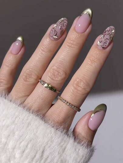 30pcs Short Oval Cat Eye French Press-On Nails With 3D Floral & Leaf Patterns, Gradient Acrylic Fake Nails Set Includes Jelly Gel And Nail File, Suitable For Women's Party, Ball, Casual Wear, Removable And Reusable Nail Decor