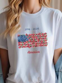 Camiseta del 250 aniversario de la bandera estadounidense con rosas, camiseta patriótica floral de EE. UU. Camiseta unisex de algodón puro de 220 g. Peso ideal para todas las estaciones, adecuada tanto para hombres como para mujeres. Tejido duradero de alta calidad, suave al tacto y de larga duración. Camiseta transpirable. Adecuada para la primavera y el verano, vacaciones, Día de la Madre, Día de la Independencia. - Blanco - Ver 1