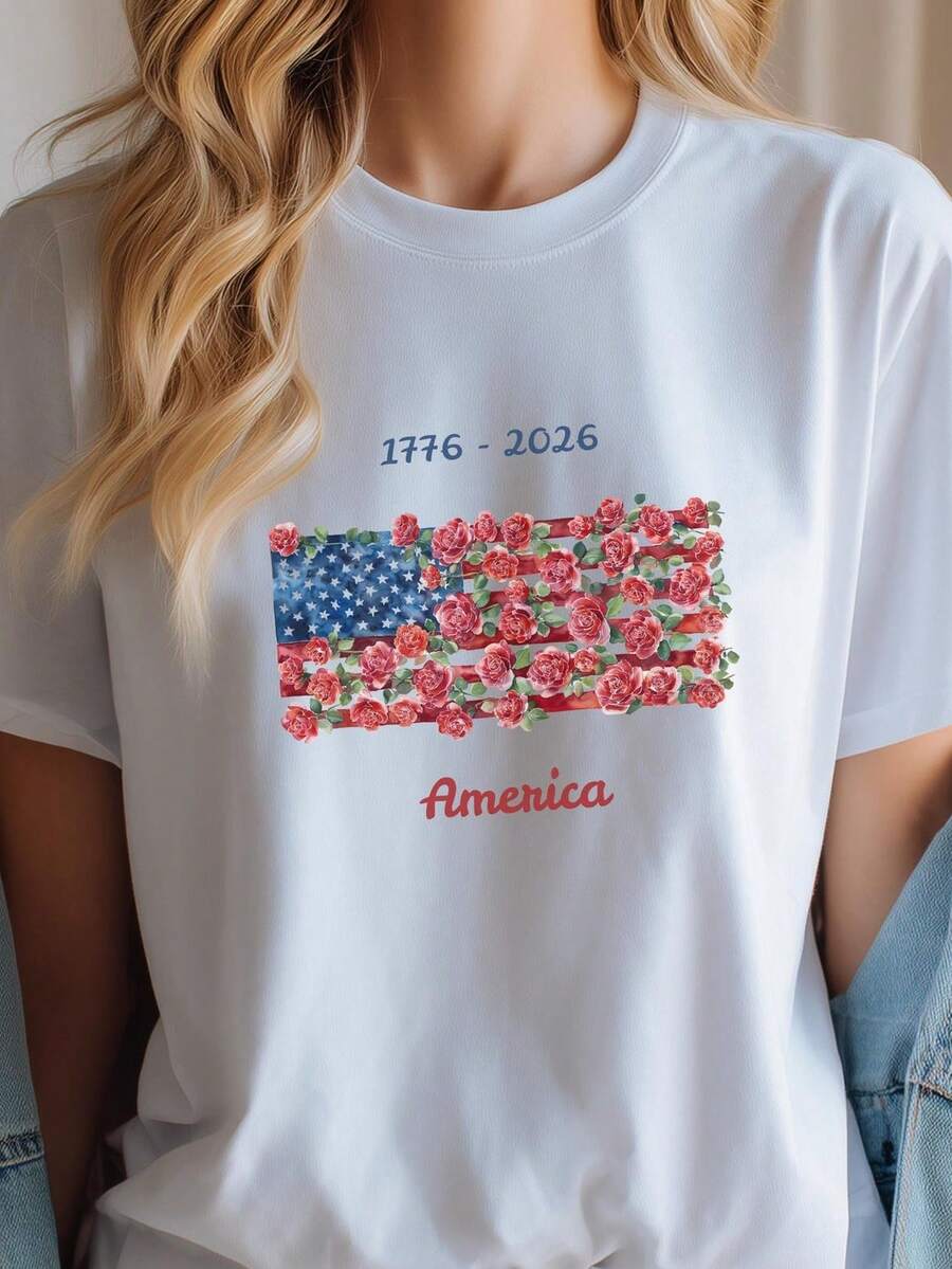 Camiseta del 250 aniversario de la bandera estadounidense con rosas, camiseta patriótica floral de EE. UU. Camiseta unisex de algodón puro de 220 g. Peso ideal para todas las estaciones, adecuada tanto para hombres como para mujeres. Tejido duradero de alta calidad, suave al tacto y de larga duración. Camiseta transpirable. Adecuada para la primavera y el verano, vacaciones, Día de la Madre, Día de la Independencia. - Blanco - Ver 1