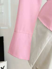 Camisa de manga larga con cuello y botones, de corte slim, de primavera/otoño para mujer, de moda minimalista, elegante y casual, esencial para deportes - Rosa Pálido - Ver 7
