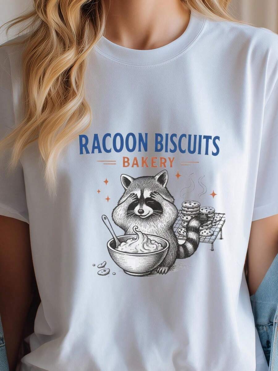 Camiseta de panadería RacC1oon Biscuits, camiseta con estampado animal, humor gastronómico. Camiseta unisex de algodón puro de 220 g, peso ideal para todas las estaciones, apta tanto para hombres como para mujeres. Tejido duradero de alta calidad, suave al tacto y de larga duración. Parte superior transpirable. Adecuada para mujeres en primavera y verano, vacaciones, Día de la Madre, Día de la Independencia. - Blanco - Ver 1