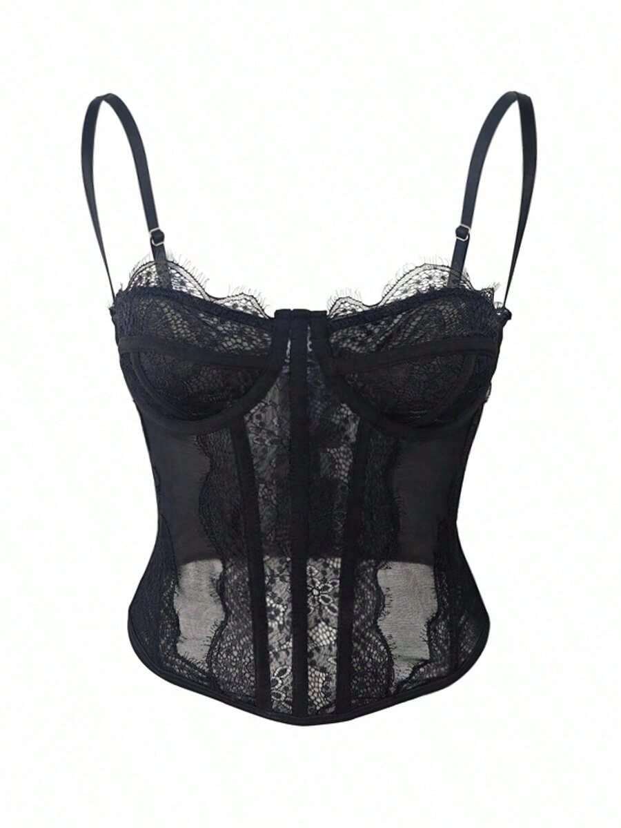 1 pieza Parte superior corta ajustada con adorno de encaje de moda para mujer, camiseta interior ajustada sexy tipo corsé, adecuada para fiesta, viaje, reunión, Navidad, San Valentín, vacaciones de verano casual - Negro - Ver 1