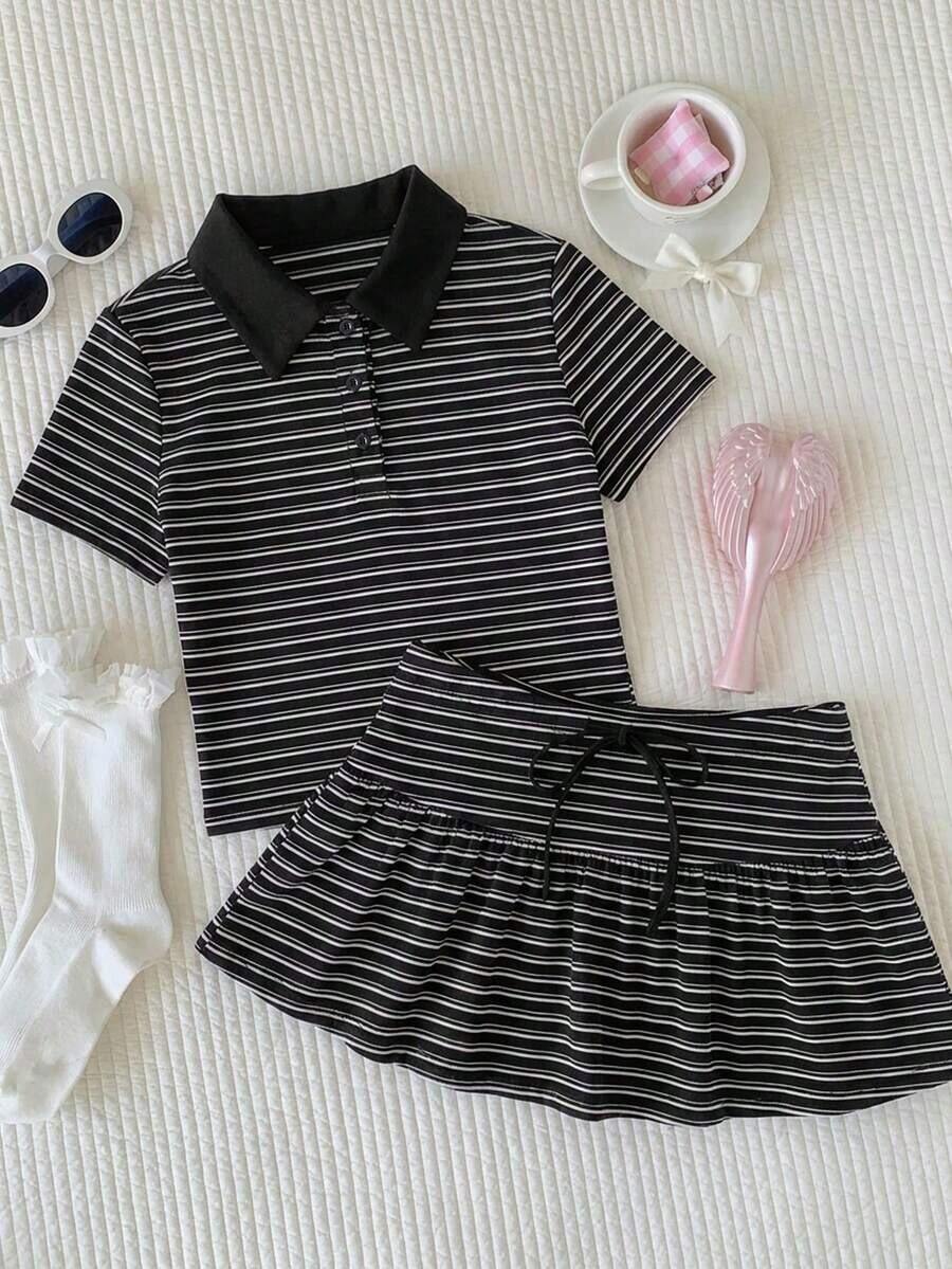 Conjunto de 2 piezas de camiseta de manga corta a rayas y minifalda de moda casual para mujer, primavera/verano 2026.Ropa de mujer de verano, conjunto de playa para el Día de San Valentín, estilo Y2K en color rosa claro - Blanco y Negro - Ver 1