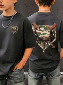 Camiseta de manga corta con cuello redondo y estampado gráfico informal para niño, top de verano - Negro - Ver 12