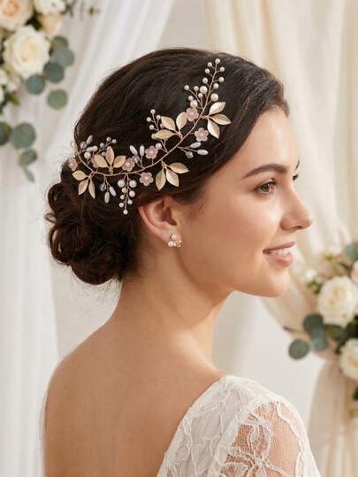 1pc Romantic Floral Pearl Decor Bridal Hair Accessory, Boho Gold Leaf Wire Headband For Wedding Bridesmaid Banquet,Women's Elegant Gold Leaf & Faux Pearl Floral Hair Vine, Bendable Fairy Bridal Headpiece Hair Accessory For Wedding Prom Party