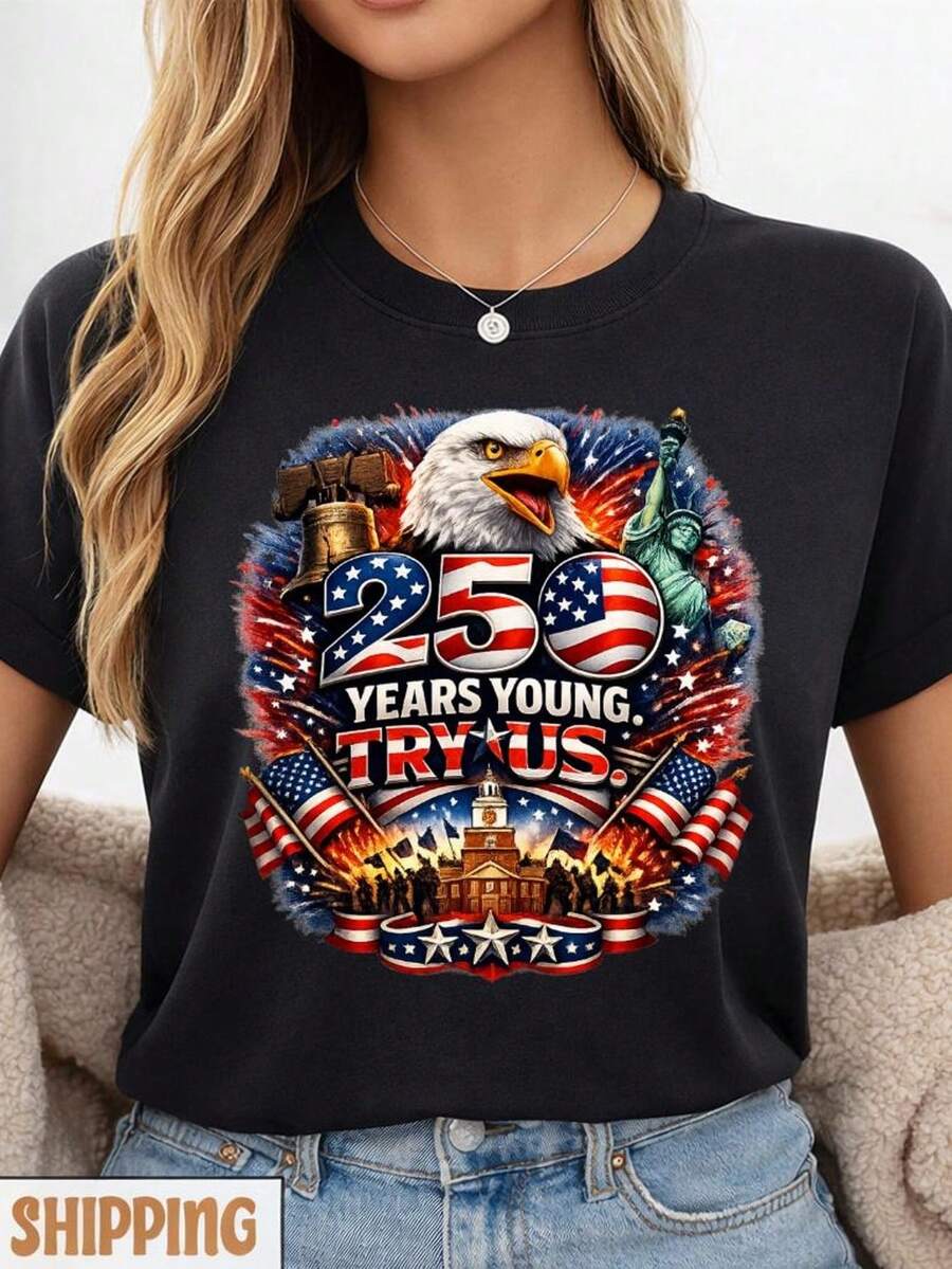 Camiseta unisex "250 Years Young Try Us Patriotic Eagle USA 4th of July AM1erican Pride". Camiseta unisex de algodón puro de 220 g. Peso ideal para todas las estaciones, apta para hombres y mujeres. Tejido duradero de alta calidad, suave al tacto y de larga duración. Parte superior transpirable. Adecuada para la primavera y el verano de las mujeres, vacaciones, Día de la Madre, Día de la Independencia. - Negro - Ver 1