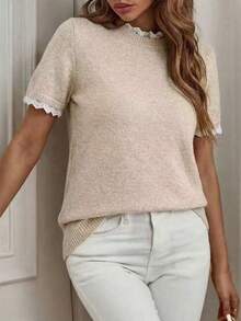Solid Color Soft Knit Short Sleeve Top, Lace Trim Design, Loose Fit Flattering Short Style, Versatile For Spring/Summer Daily Wear - Apricot - View 4