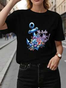 Camiseta de Mujer Náutica '¡La Ancla Sostiene! 'Camiseta con Estampado Gráfico de Ancla y Flores, Manga Corta, Cuello Redondo, Top Casual para Verano y Primavera, Ropa de Mujer, Tops para Salir de Noche para Mujer - Negro - Ver 1